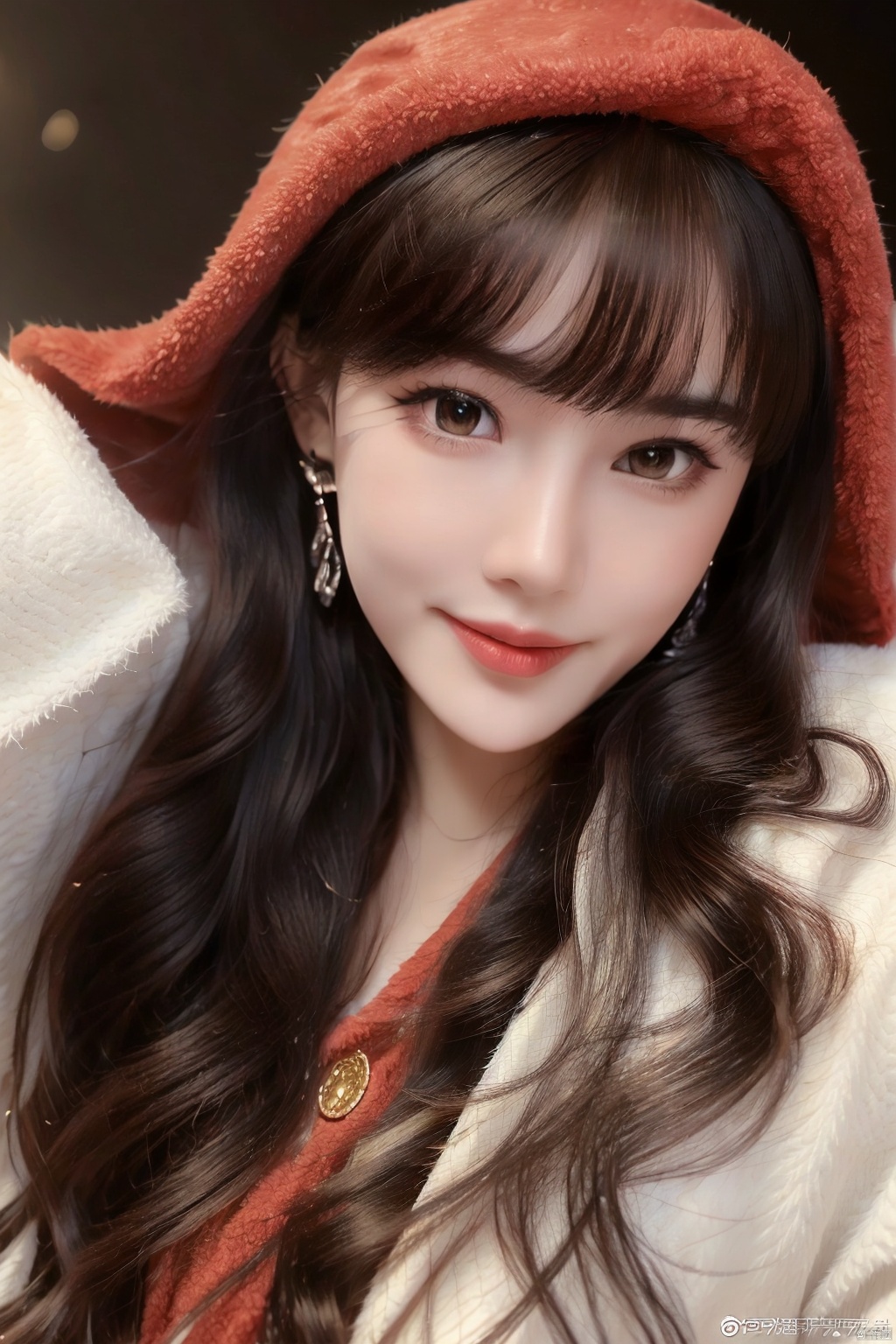  masterpiece, best quality, 1girl, red background, black hair, Long curly hair, face front, ((red fashion silk lone costume with red swirling vortexes pattern)), ((Red Plush Fur Hat)), emotional face, (close up portrait), make up, studio light, studio, ((poakl)), poakl ggll girl,laughing, Light master,yuzu