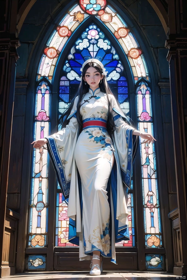 full body,(((masterpiece,best quality))),((good structure,Good composition,good atomy)),((clear, original,beautiful)),1girl,long hair,( white blue theme:1.3),chinese clothing,looking down,stained glasses wall