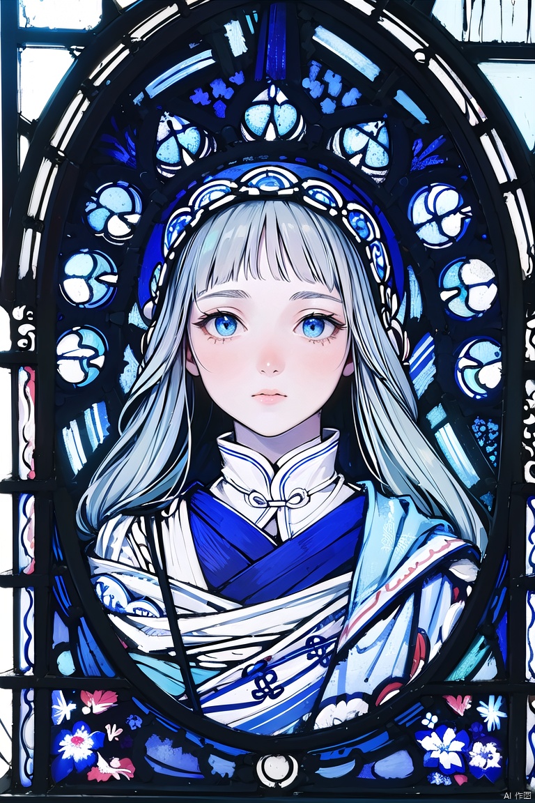 portrait,(((masterpiece,best quality))),((good structure,Good composition,good atomy)),((clear, original,beautiful)),1girl,long hair,( white blue theme:1.3),chinese clothing,looking down,stained glasses as background