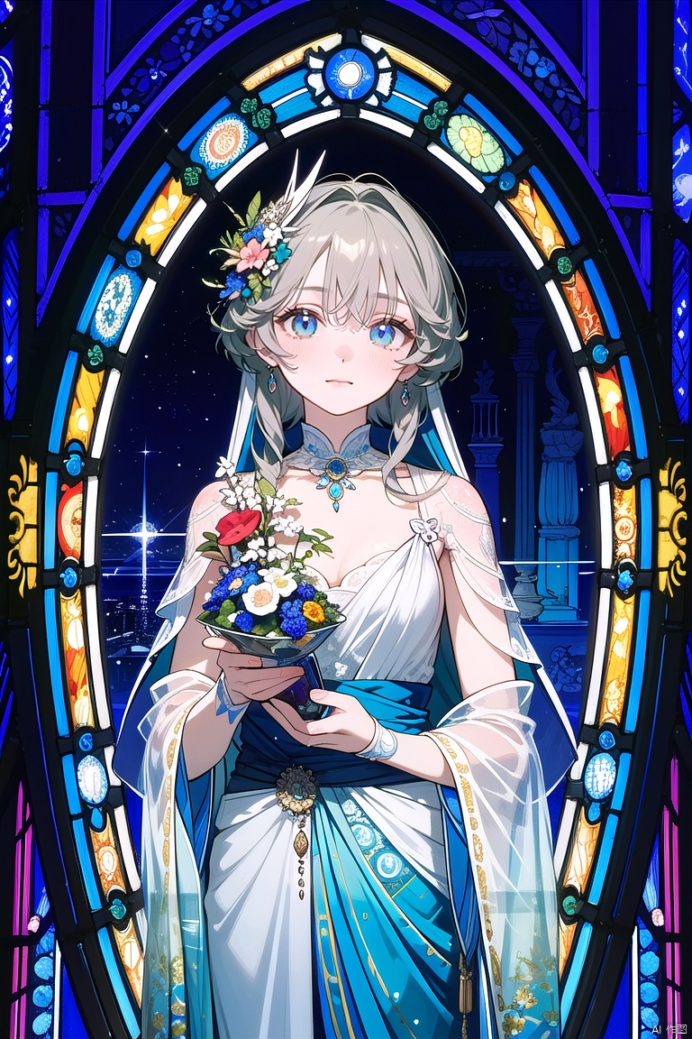  (masterpiece:1.2), (best quality:1.2), (ultra detailed:1.2), (official art:1.3), (beauty and aesthetics:0.9), detailed, (intricate:0.7), (highly detailed), (solo), delicate countenance, 1girl, (glassy texture:1.2), (crush:1.2), 8k, accessory, tattoo, (transparent:1.1), gown, energy encirclement, instant, in the twinkling of an eye, stained glasses