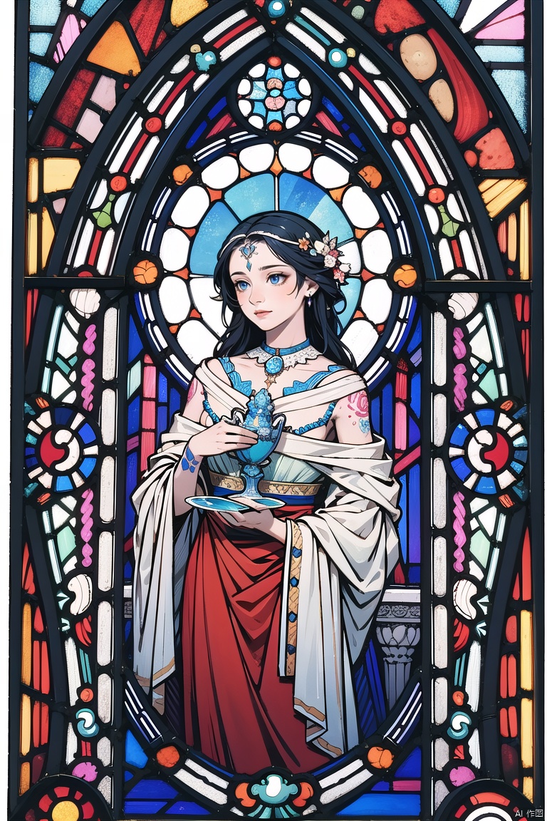 (masterpiece:1.2), (best quality:1.2), (ultra detailed:1.2), (official art:1.3), (beauty and aesthetics:0.9), detailed, (intricate:0.7), (highly detailed), (solo), delicate countenance, 1girl, (glassy texture:1.2), (crush:1.2), 8k, accessory, tattoo, (transparent:1.1), gown, energy encirclement, instant, in the twinkling of an eye, stained glasses