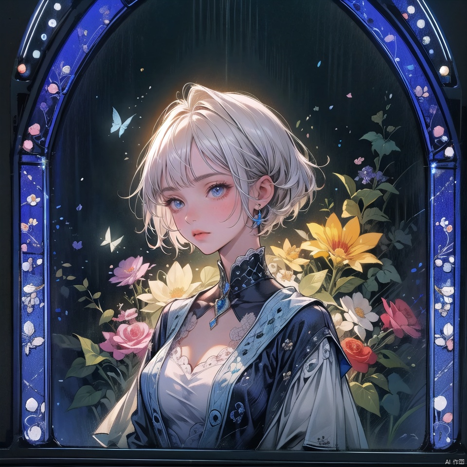 solo,1girl,big butterfly wing,flower,white short hair,romantic mood,stained glasses
