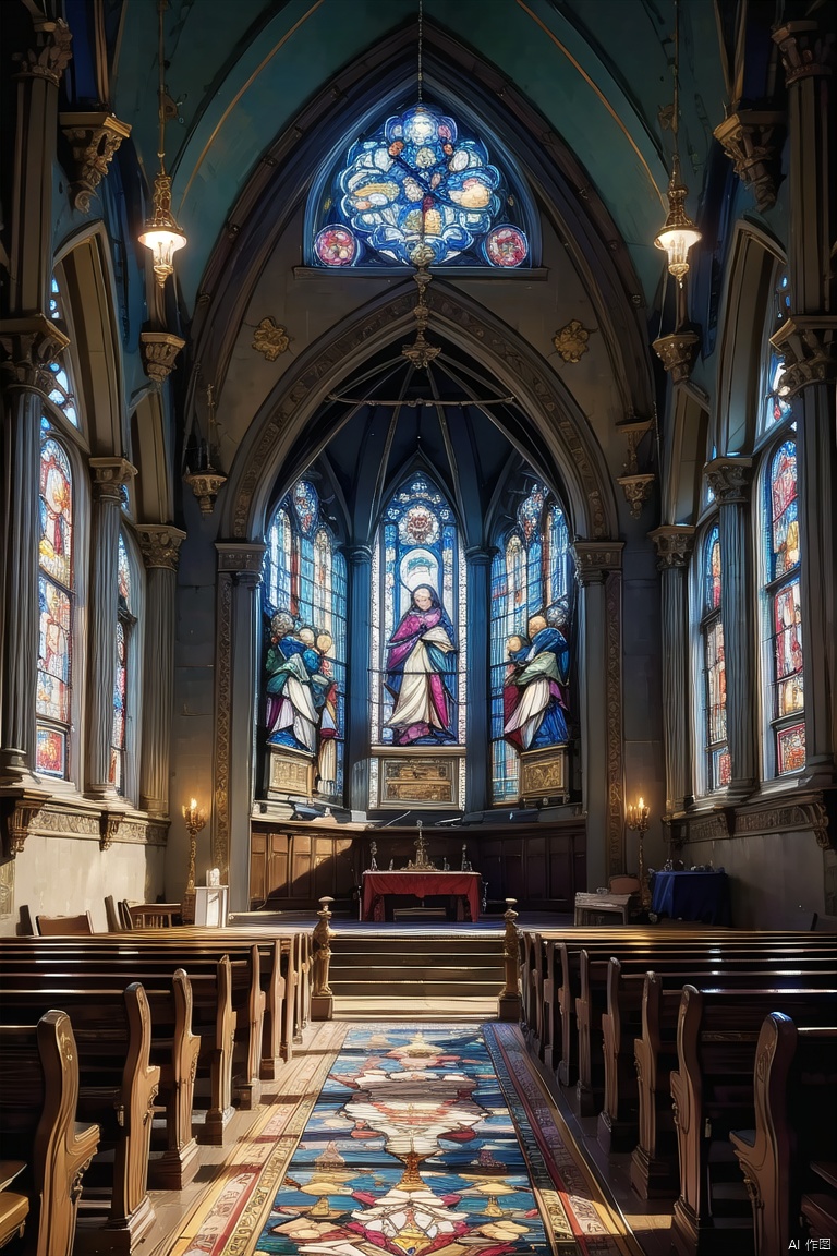 stained glass,scenery,church,no humans,indoors,window,chandelier,candle,ground view,masterpiece,