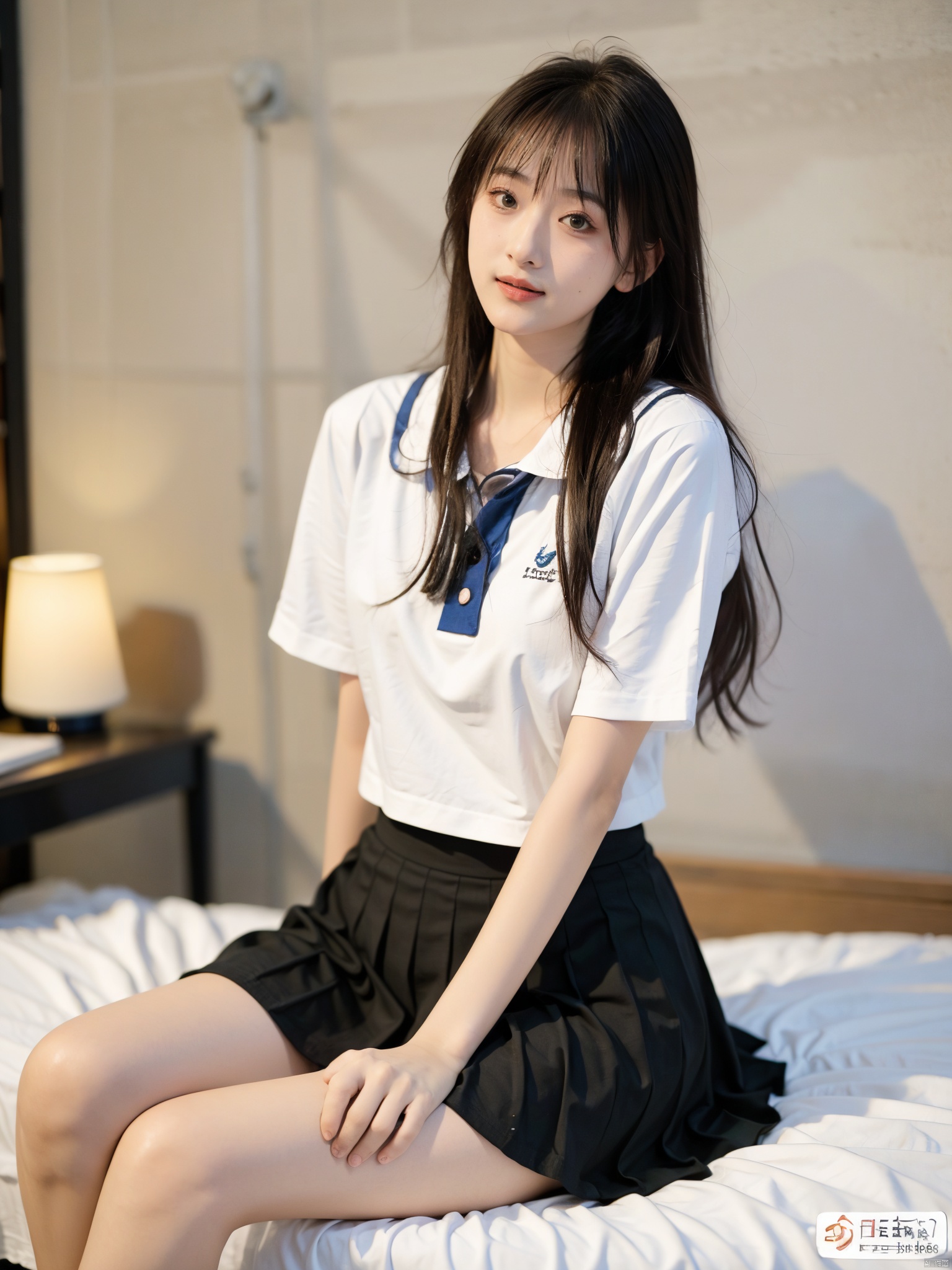  Enhanced, masterpiece, 16K, JK, 1 girl, long hair, school uniform, skirt, sitting on bed,:), Light master