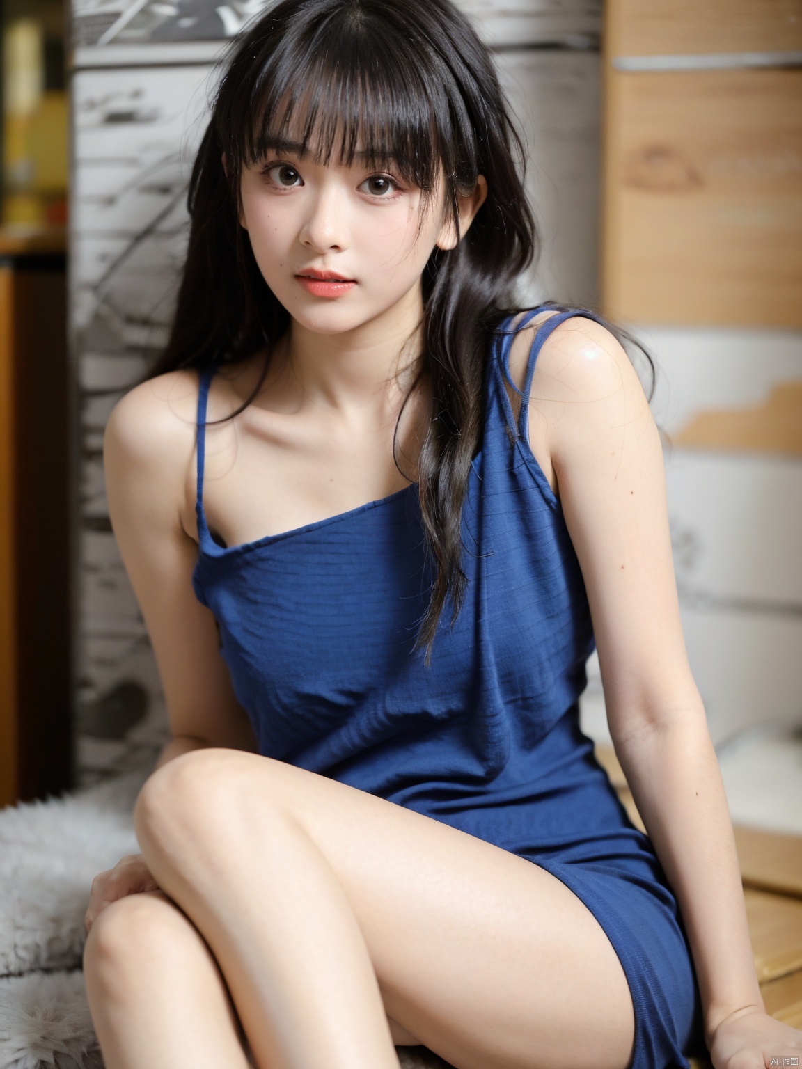 1, 1girl, solo, long hair, dress, brown hair, looking at viewer, brown eyes, realistic, lips, blue dress, striped, ((poakl))
