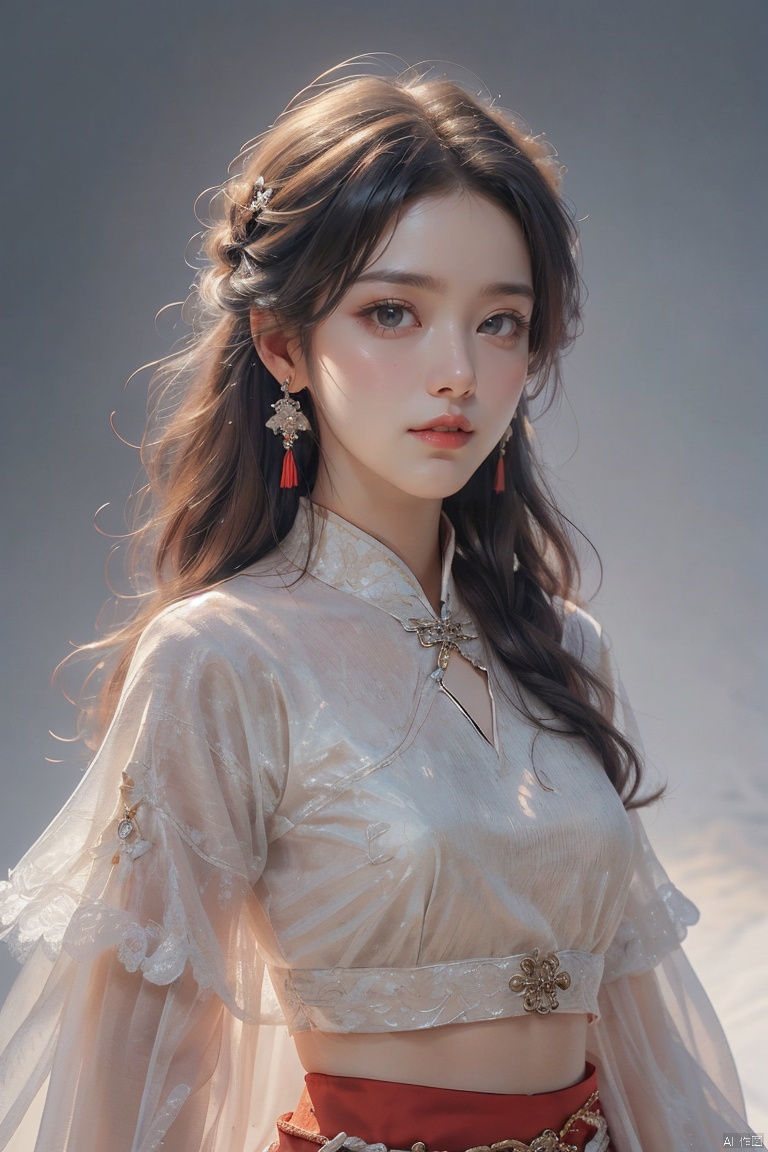  1girl, solo, long hair, looking at viewer, smile, simple background, black hair, hair ornament, white background, jewelry, closed mouth, upper body, earrings, makeup, chinese clothes, red lips, tassel earrings, hanfu, realistic, Gauze Skirt