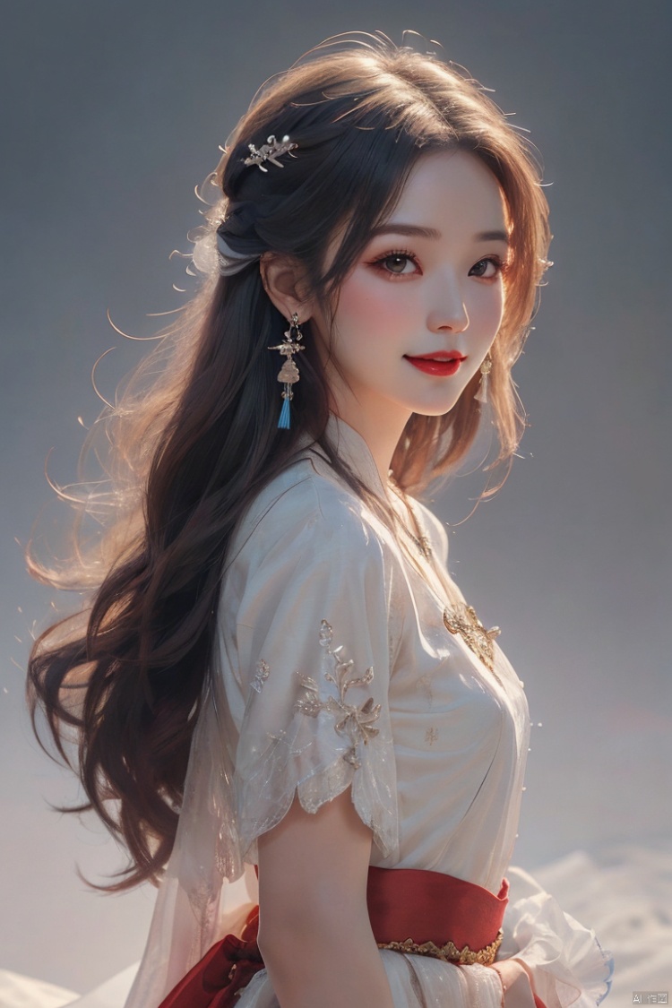  1girl, solo, long hair, looking at viewer, smile, simple background, black hair, hair ornament, white background, jewelry, closed mouth, upper body, earrings, makeup, chinese clothes, red lips, tassel earrings, hanfu, realistic, Gauze Skirt