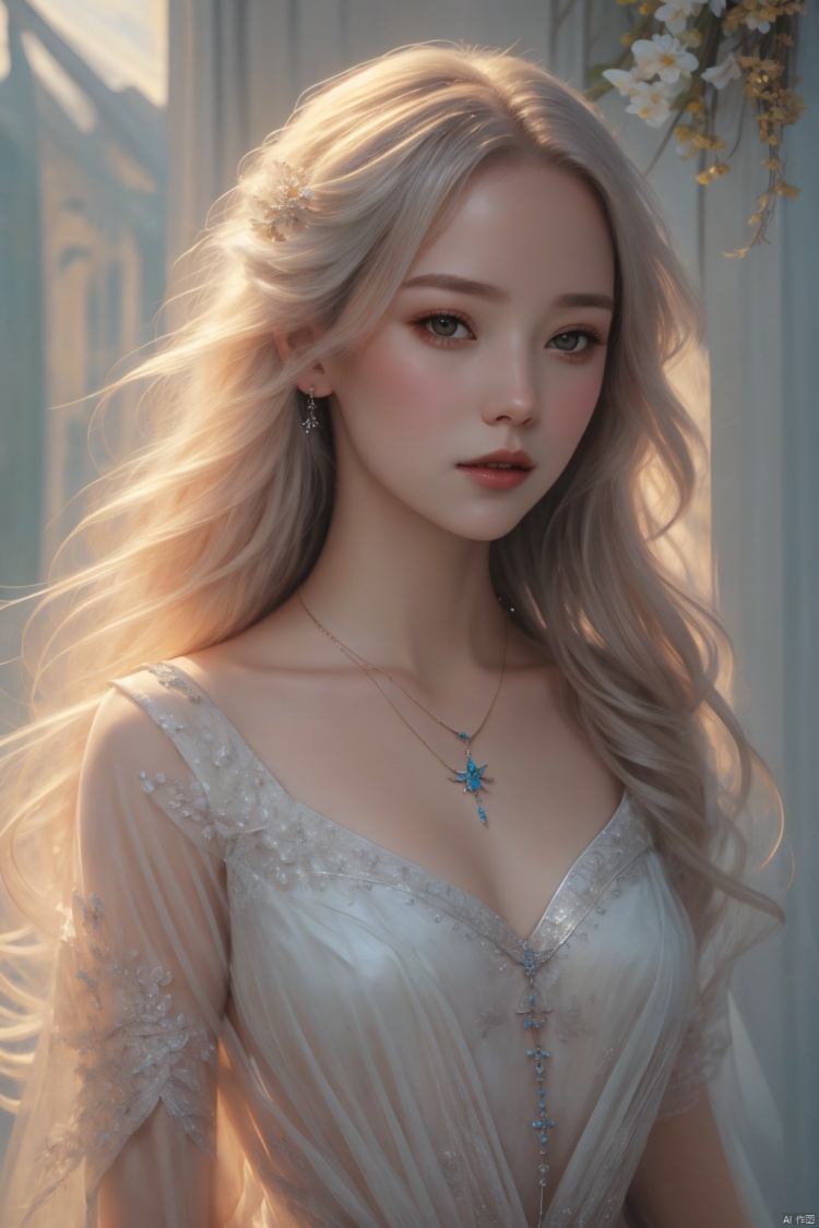  woman for oia stunning, promo by Tony\(dongli\), detailed painting inspired by Charlie Bowater, blooming exquisite necklace, 4 k detailed fantasy, white silver painting, dreamland