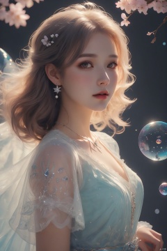  (masterpiece), (best quality), (ultra-detailed), (illustration), 1girl, mixed-blood, stars in the eyes, cherry blossoms, messy floating hair, crystal earrings, colored inner hair, Starry sky adorns hair, (colorful Bubble), (pearl), (Galaxy), depth of field, upper body, lace-trimmed dress, Gauze Skirt