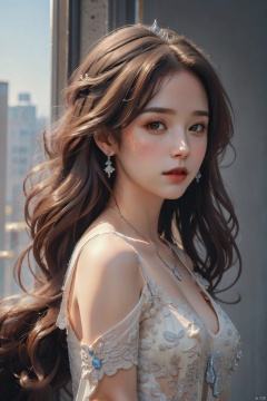  1girl, solo, long hair, earrings, jewelry, dress, grey background, black hair, tiara, realistic, simple background, blue dress, lips, looking at viewer, see-through, upper body, brown hair, bare shoulders, brown eyes, white dress, collarbone. BREAK, 35mm photograph, film, bokeh, professional, 4k, realistic details, surrealistic, sense of reality, intense contrast of light and shadow