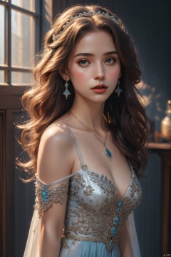  1girl, solo, long hair, earrings, jewelry, dress, grey background, black hair, tiara, realistic, simple background, blue dress, lips, looking at viewer, see-through, upper body, brown hair, bare shoulders, brown eyes, white dress, collarbone. BREAK, 35mm photograph, film, bokeh, professional, 4k, realistic details, surrealistic, sense of reality, intense contrast of light and shadow