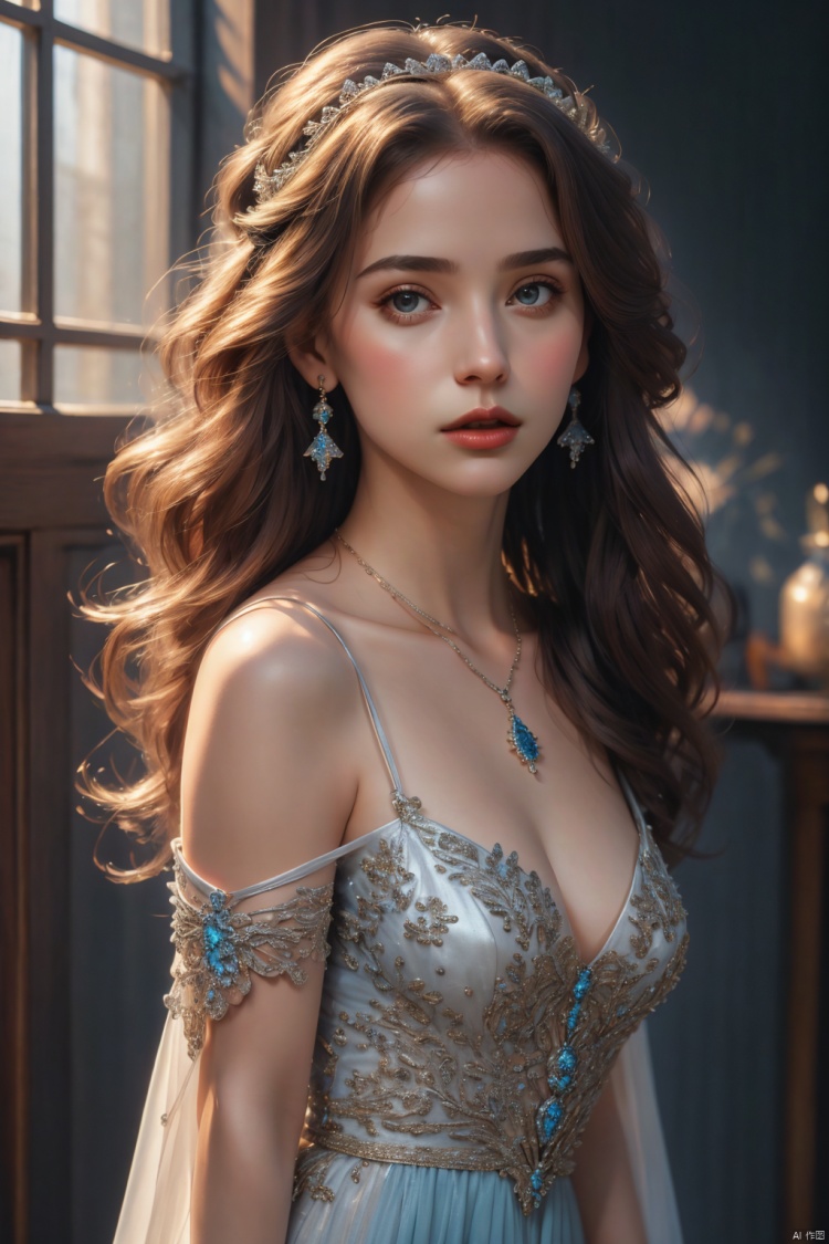  1girl, solo, long hair, earrings, jewelry, dress, grey background, black hair, tiara, realistic, simple background, blue dress, lips, looking at viewer, see-through, upper body, brown hair, bare shoulders, brown eyes, white dress, collarbone. BREAK, 35mm photograph, film, bokeh, professional, 4k, realistic details, surrealistic, sense of reality, intense contrast of light and shadow