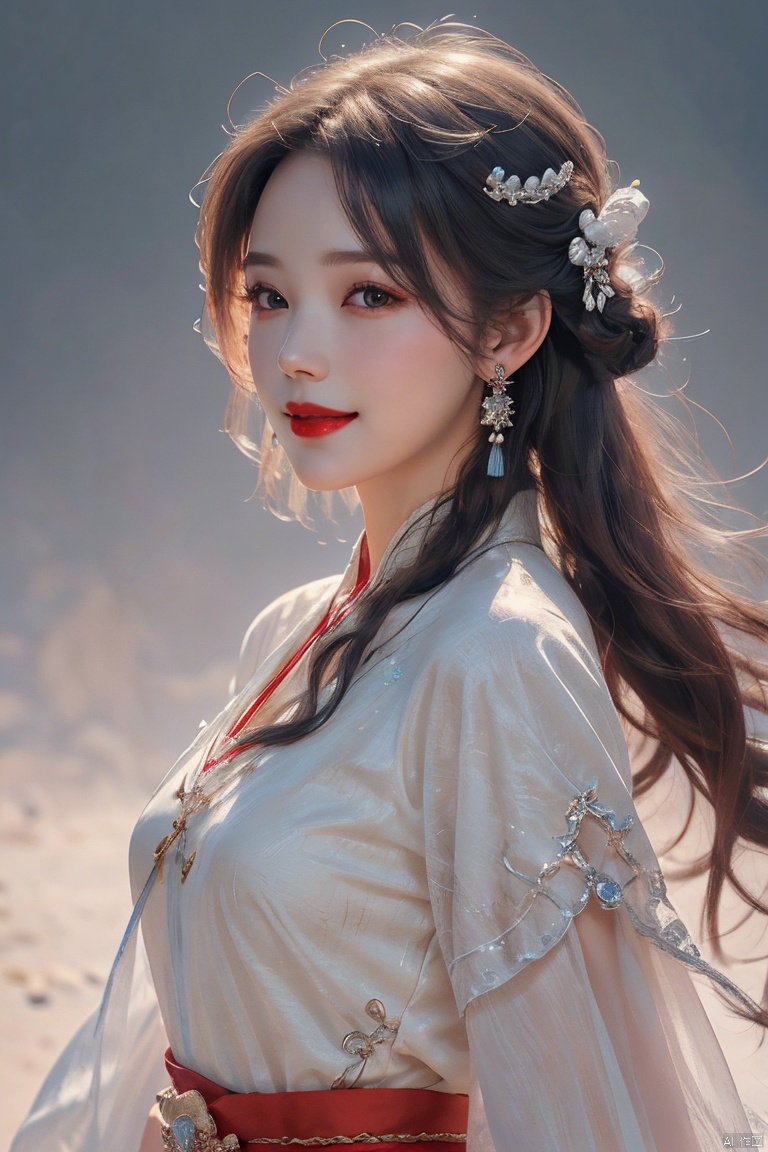  1girl, solo, long hair, looking at viewer, smile, simple background, black hair, hair ornament, white background, jewelry, closed mouth, upper body, earrings, makeup, chinese clothes, red lips, tassel earrings, hanfu, realistic, Gauze Skirt