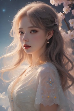  (masterpiece), (best quality), (ultra-detailed), (illustration), 1girl, mixed-blood, stars in the eyes, cherry blossoms, messy floating hair, crystal earrings, colored inner hair, Starry sky adorns hair, (colorful Bubble), (pearl), (Galaxy), depth of field, upper body, lace-trimmed dress, Gauze Skirt