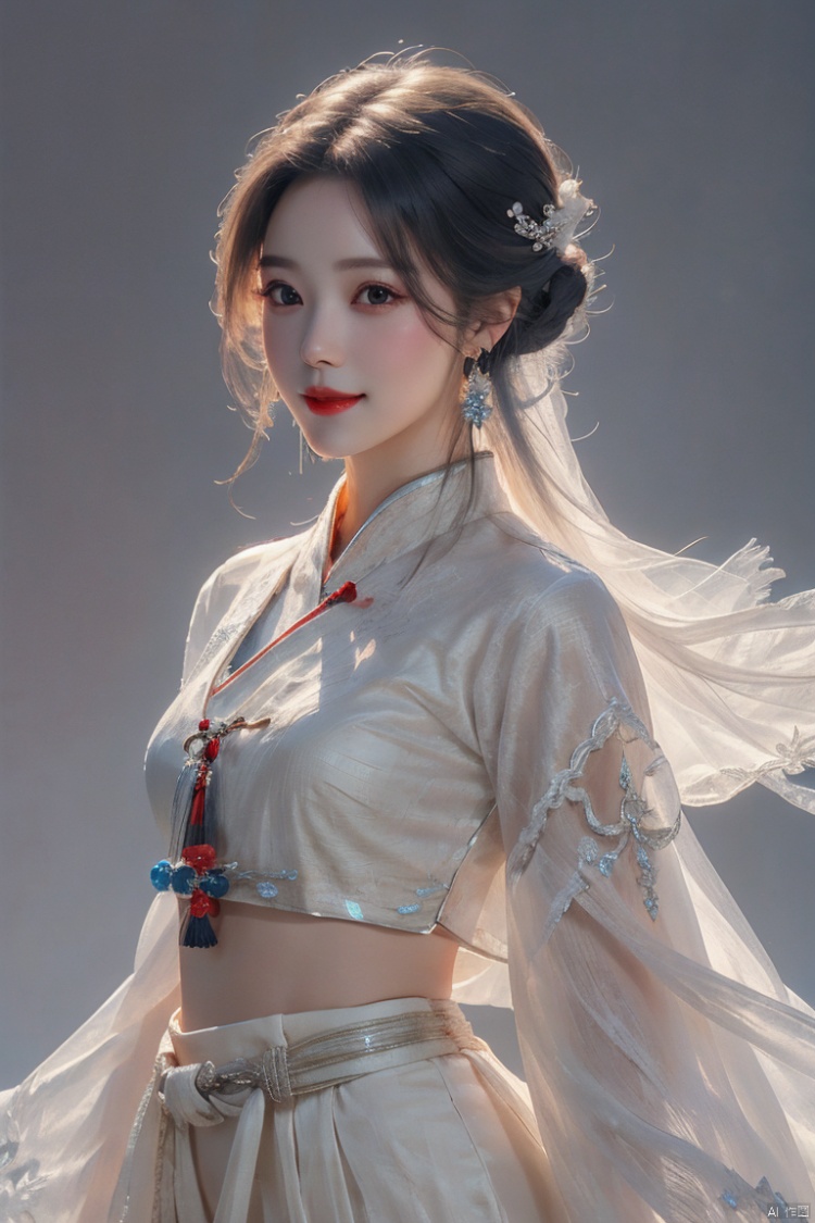  1girl, solo, long hair, looking at viewer, smile, simple background, black hair, hair ornament, white background, jewelry, closed mouth, upper body, earrings, makeup, chinese clothes, red lips, tassel earrings, hanfu, realistic, Gauze Skirt