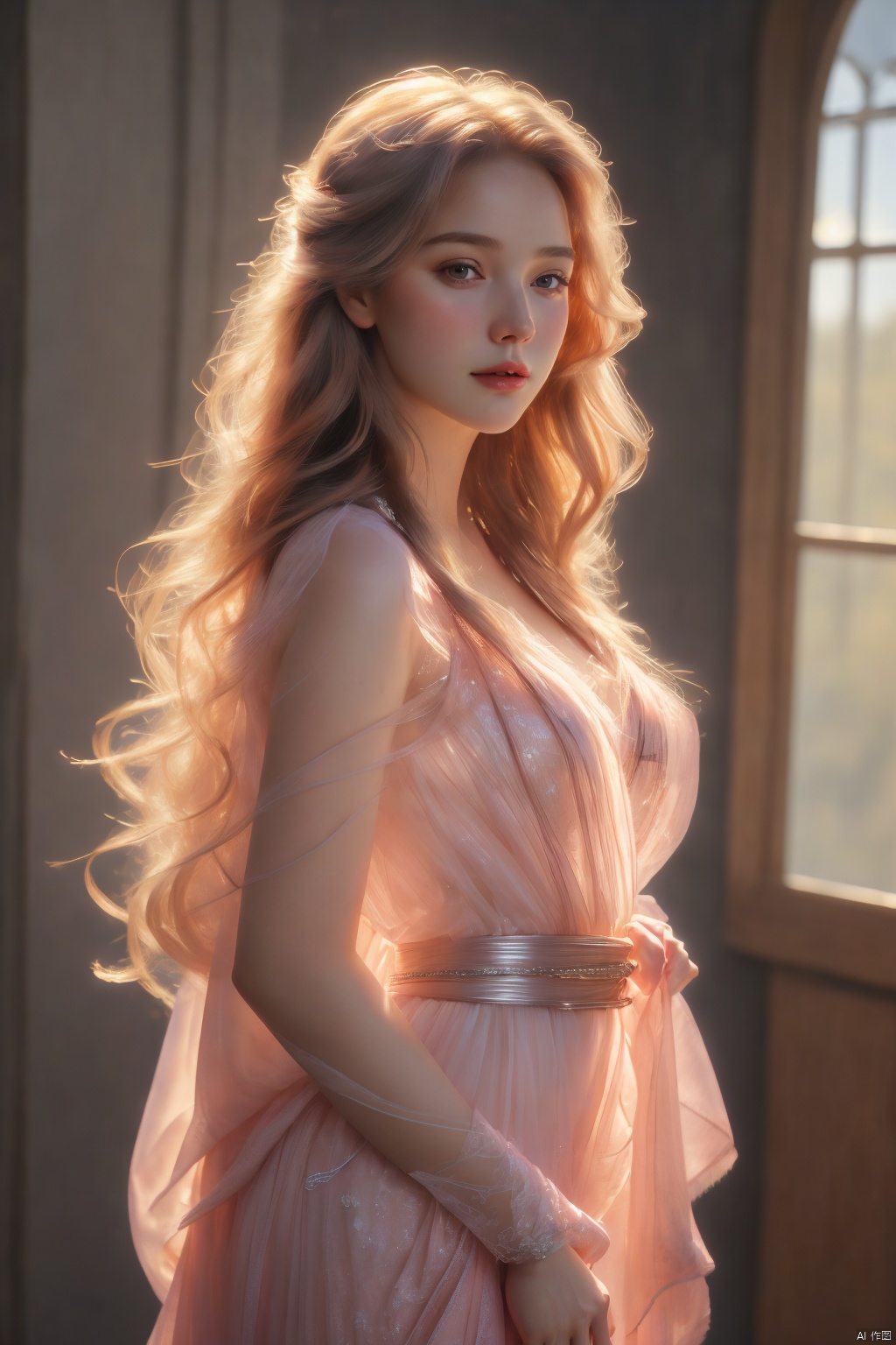  Best Quality, Masterpiece:1.4), (Realism:1.2), (Realisitc:1.2), (Absurdres:1.2), 4K,(photorealistic:1.3), Detailed, Ultra-Detailed, Digital Art,1 girl,Realistic Skin,Solo,beautiful face,Breasts,((pink Sheer Dress),Long Wavy Hair, Cowboy Shot, ,Slim Waist, Gauze Skirt