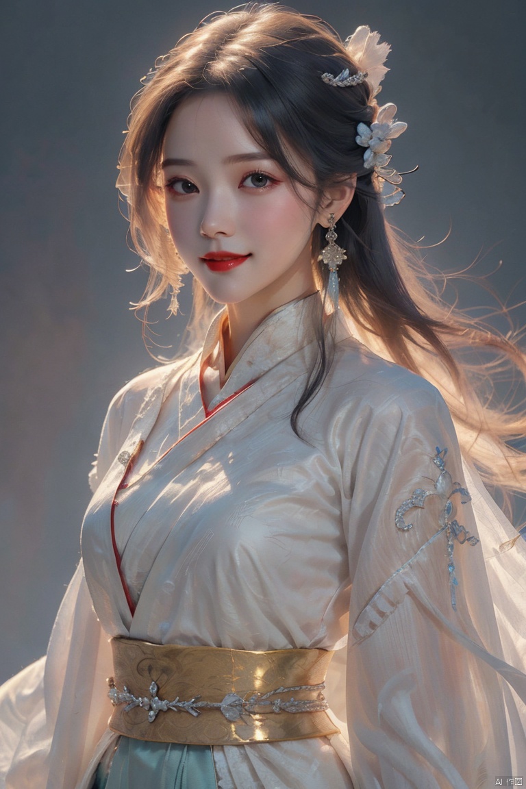  1girl, solo, long hair, looking at viewer, smile, simple background, black hair, hair ornament, white background, jewelry, closed mouth, upper body, earrings, makeup, chinese clothes, red lips, tassel earrings, hanfu, realistic, Gauze Skirt