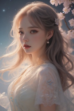  (masterpiece), (best quality), (ultra-detailed), (illustration), 1girl, mixed-blood, stars in the eyes, cherry blossoms, messy floating hair, crystal earrings, colored inner hair, Starry sky adorns hair, (colorful Bubble), (pearl), (Galaxy), depth of field, upper body, lace-trimmed dress, Gauze Skirt