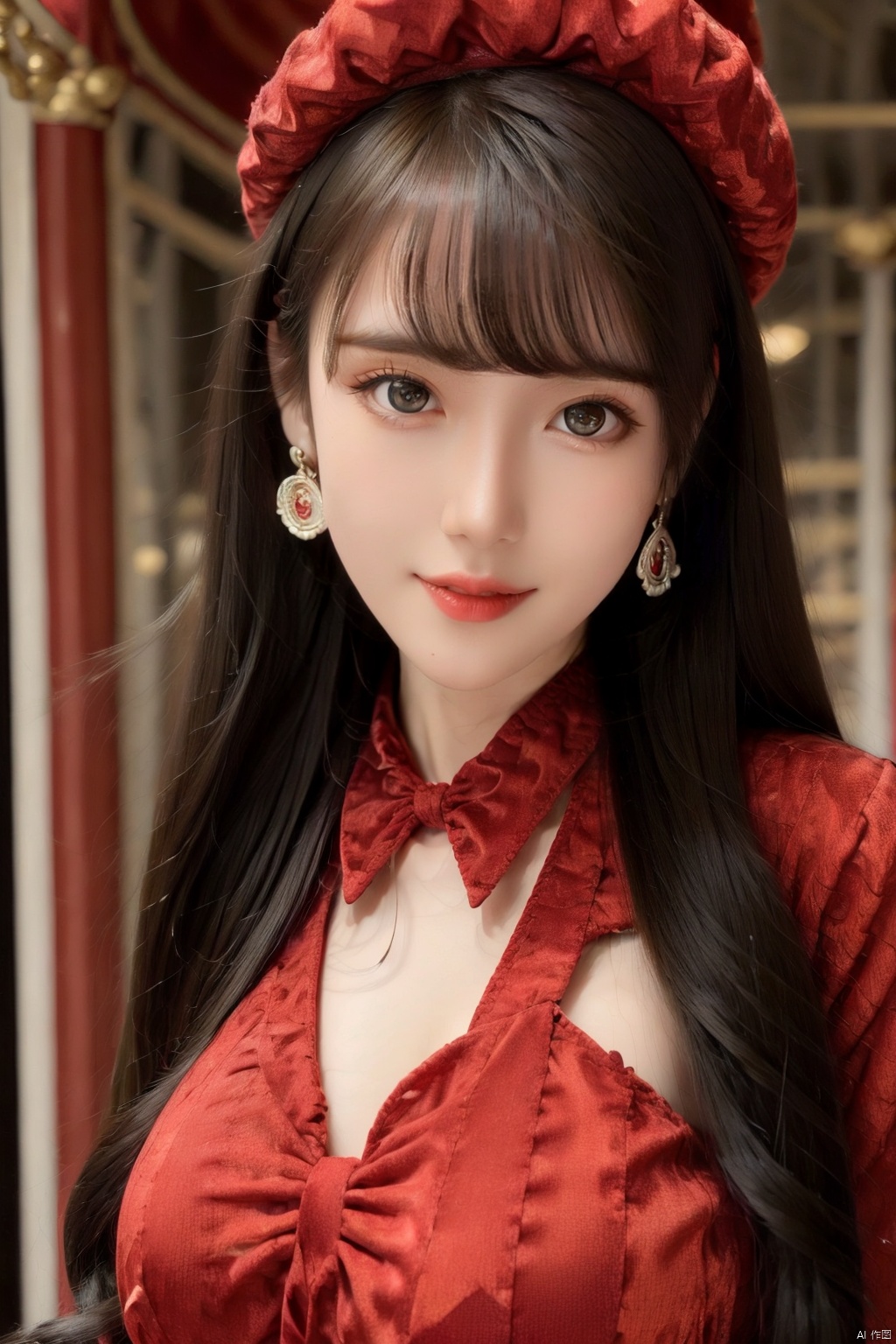  masterpiece, best quality, 1girl, red background, black hair, Long curly hair, face front, ((red fashion silk lone costume with red swirling vortexes pattern)), ((Red Plush Fur Hat)), emotional face, (close up portrait), make up, studio light, studio, ((poakl)), poakl ggll girl,laughing, Light master,yuzu