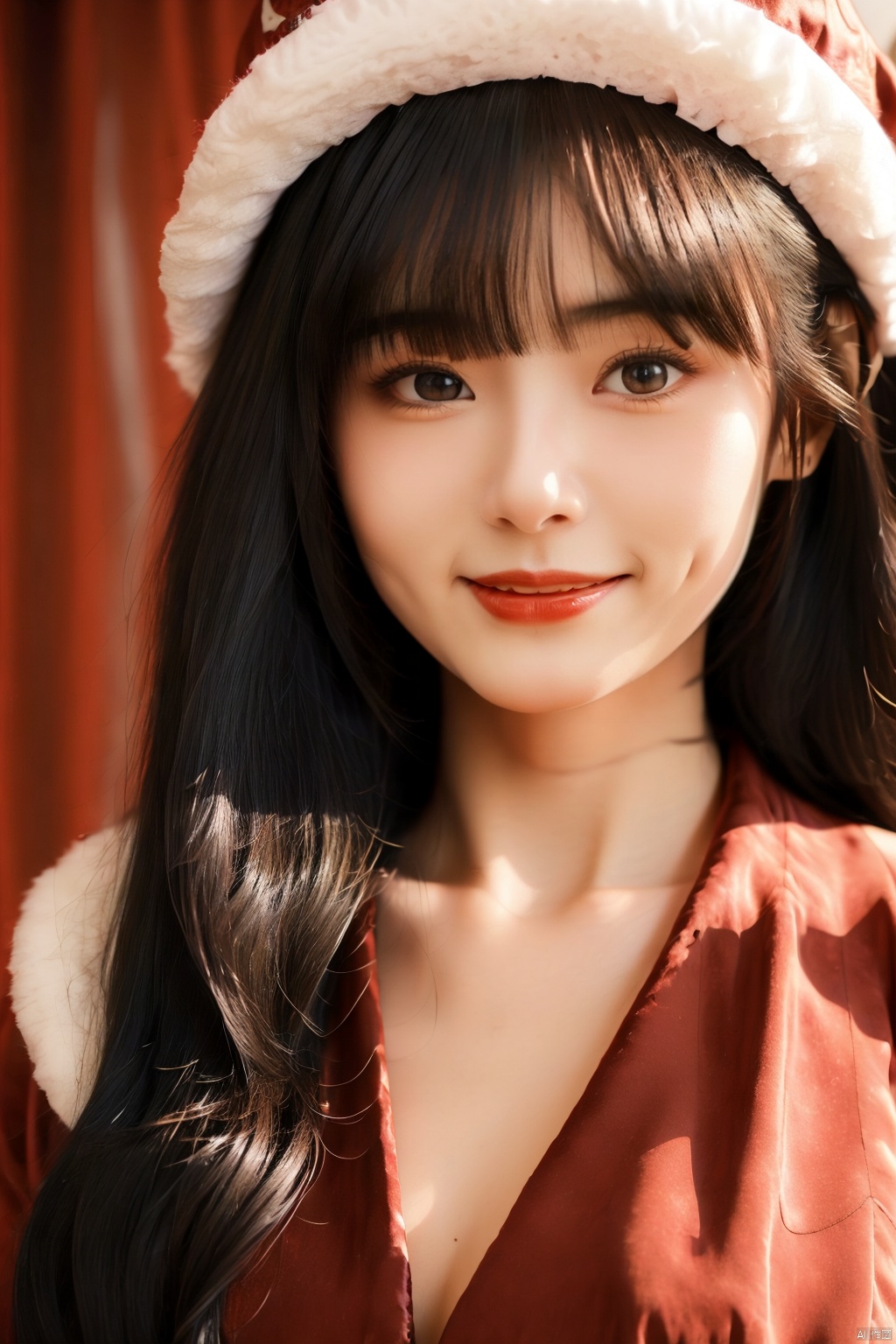  masterpiece, best quality, 1girl, red background, black hair, Long curly hair, face front, ((red fashion silk lone costume with red swirling vortexes pattern)), ((Red Plush Fur Hat)), emotional face, (close up portrait), make up, studio light, studio, ((poakl)), poakl ggll girl,laughing, Light master,yuzu