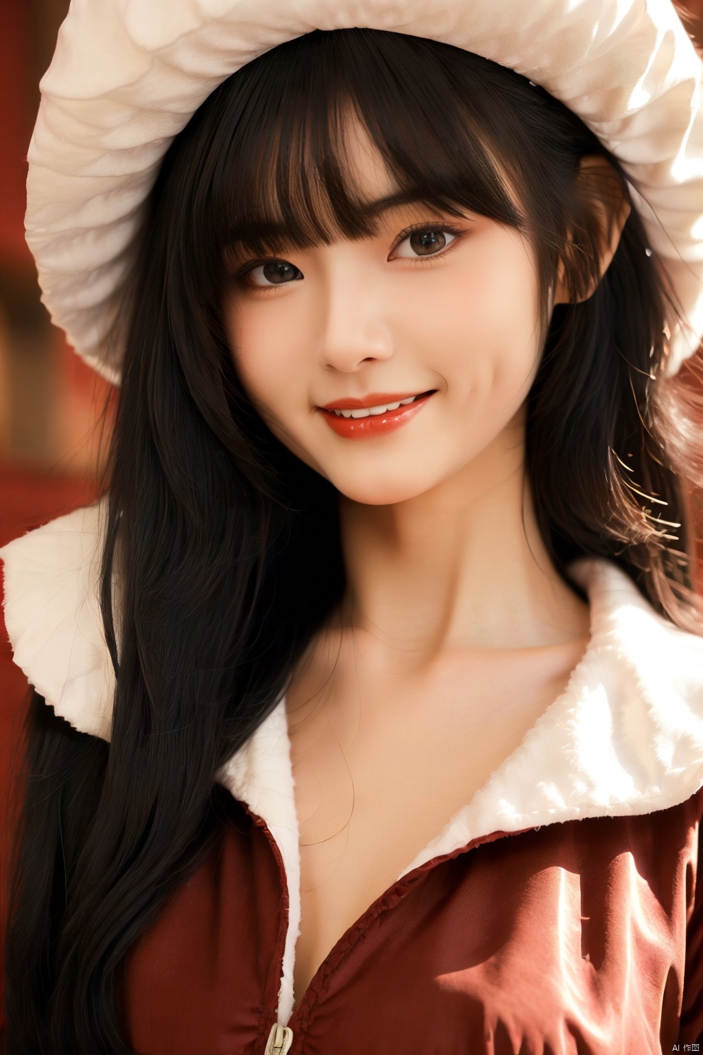  masterpiece, best quality, 1girl, red background, black hair, Long curly hair, face front, ((red fashion silk lone costume with red swirling vortexes pattern)), ((Red Plush Fur Hat)), emotional face, (close up portrait), make up, studio light, studio, ((poakl)), poakl ggll girl,laughing, Light master,yuzu