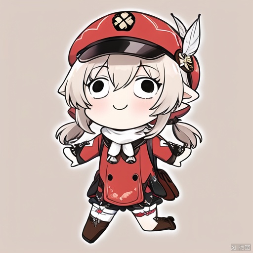 style-parody, 1girl, solo, klee \(genshin impact\), smile, hat, hair between eyes, cabbie hat, red coat, chibi, bangs, long sleeves, brown footwear, long hair, hat feather, twintails, coat, scarf, backpack, boots, clover print, spread arms, low twintails, parody, light brown hair, brown scarf, hat ornament, bag, sidelocks, ahoge, knee boots, red headwear, outstretched arms, pocket, randoseru, socks, kneehighs, bloomers, looking at viewer, pointy ears, full body, gloves, underwear, simple background, brown gloves, running