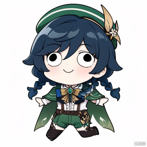style-parody, venti \(genshin impact\), solo, green headwear, male focus, smile, 1boy, multicolored hair, hat, white background, simple background, gradient hair, braid, blue hair, long sleeves, twin braids, bangs, black hair, shirt, cape, beret, white shirt, looking at viewer, chibi, blush, closed mouth, androgynous, parody, flower, bow, short hair with long locks, collared shirt, black eyes, frills, leaf, standing, shorts, green shorts, collared cape, corset