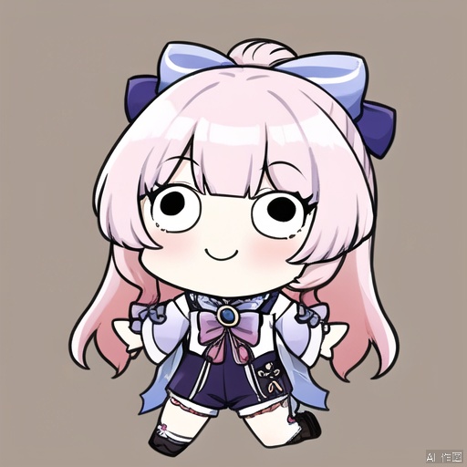 style-parody, 1girl, bow-shaped hair, sangonomiya kokomi, chibi, solo, smile, simple background, multicolored hair, bangs, blunt bangs, pink hair, bow, gradient hair, wide sleeves, long hair, sidelocks, full body, bowtie, detached sleeves, solid circle eyes, vision \(genshin impact\), long sleeves, brown background, shorts, outstretched arms