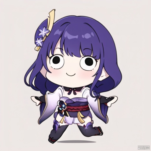 style-parody, 1girl, long hair, raiden shogun, solo, bangs, japanese clothes, sidelocks, simple background, braid, smile, hair ornament, chibi, single braid, purple hair, parody, sash, obi, wide sleeves, spread arms, low ponytail, blunt bangs, long sleeves, outstretched arms, kimono, braided ponytail, thighhighs, full body, looking at viewer, standing on one leg, armor, mole, mole under eye, white background, c:, bridal gauntlets