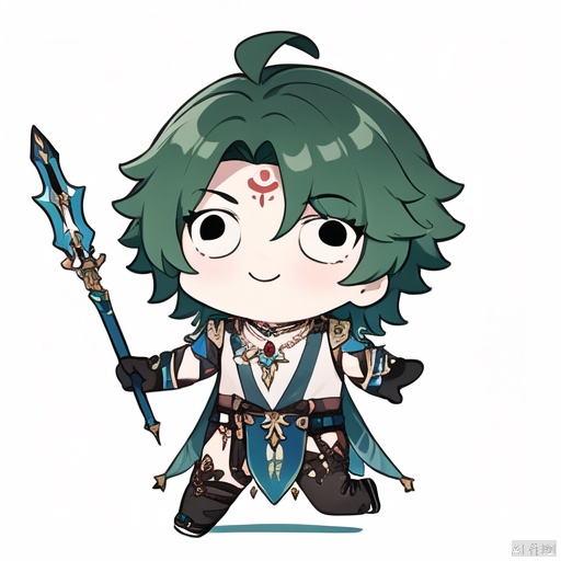 style-parody, solo, 1boy, male focus, xiao \(genshin impact\), smile, necklace, chibi, simple background, polearm, white background, jewelry, holding, gloves, green hair, multicolored hair, bead necklace, beads, weapon, tattoo, ahoge, holding polearm, parody, holding weapon, bangs, green gloves, arm tattoo, forehead mark, black hair, spear, parted bangs, full body, asymmetrical clothes, black eyes, closed mouth, standing, facial mark, single detached sleeve, meme