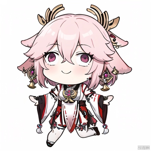 style-parody, 1girl, solo, yae miko, pink hair, chibi, simple background, smile, white background, japanese clothes, hair between eyes, detached sleeves, nontraditional miko, bangs, sidelocks, jewelry, long hair, animal ears, looking at viewer, standing on one leg, hair ornament, wide sleeves, fox ears, earrings, full body, thighhighs, long sleeves, standing