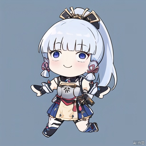 style-parody, 1girl, kamisato ayaka, solo, chibi, smile, bangs, blunt bangs, simple background, sidelocks, ponytail, outstretched arms, tress ribbon, armor, long hair, ribbon, hair ribbon, full body, blue hair, spread arms, gloves, japanese clothes, blue background, breastplate, skirt, hair ornament