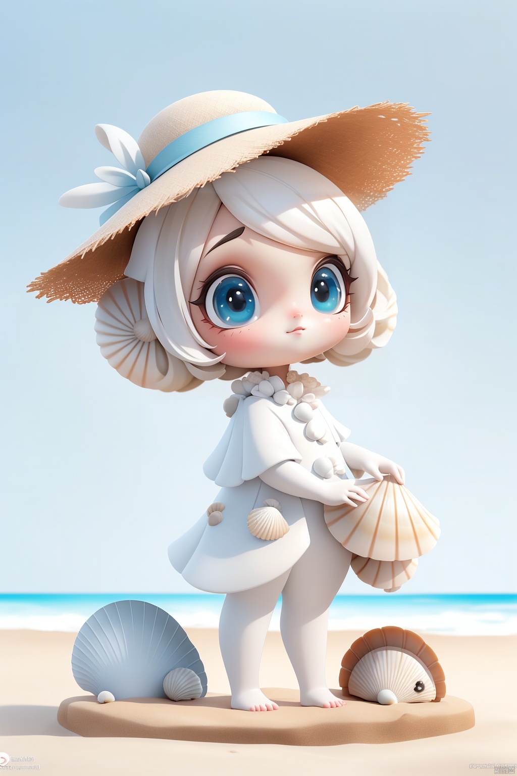  (masterpiece), (best quality), Exquisite visuals, high-definition, (ultra detailed), finely detail, ((solo)), (white Silver hair), (gradient Blue), (beautiful detailed eyes), Kawai, loveliness,standing, ((full body)),
a shell with short white hair, anthropomorphic shells, wearing a white shell outfit . (((Shell clothes：1.8, and hats))).
The environment is next to the beach, with coconut trees and many seashells on the beach
, bk-hd