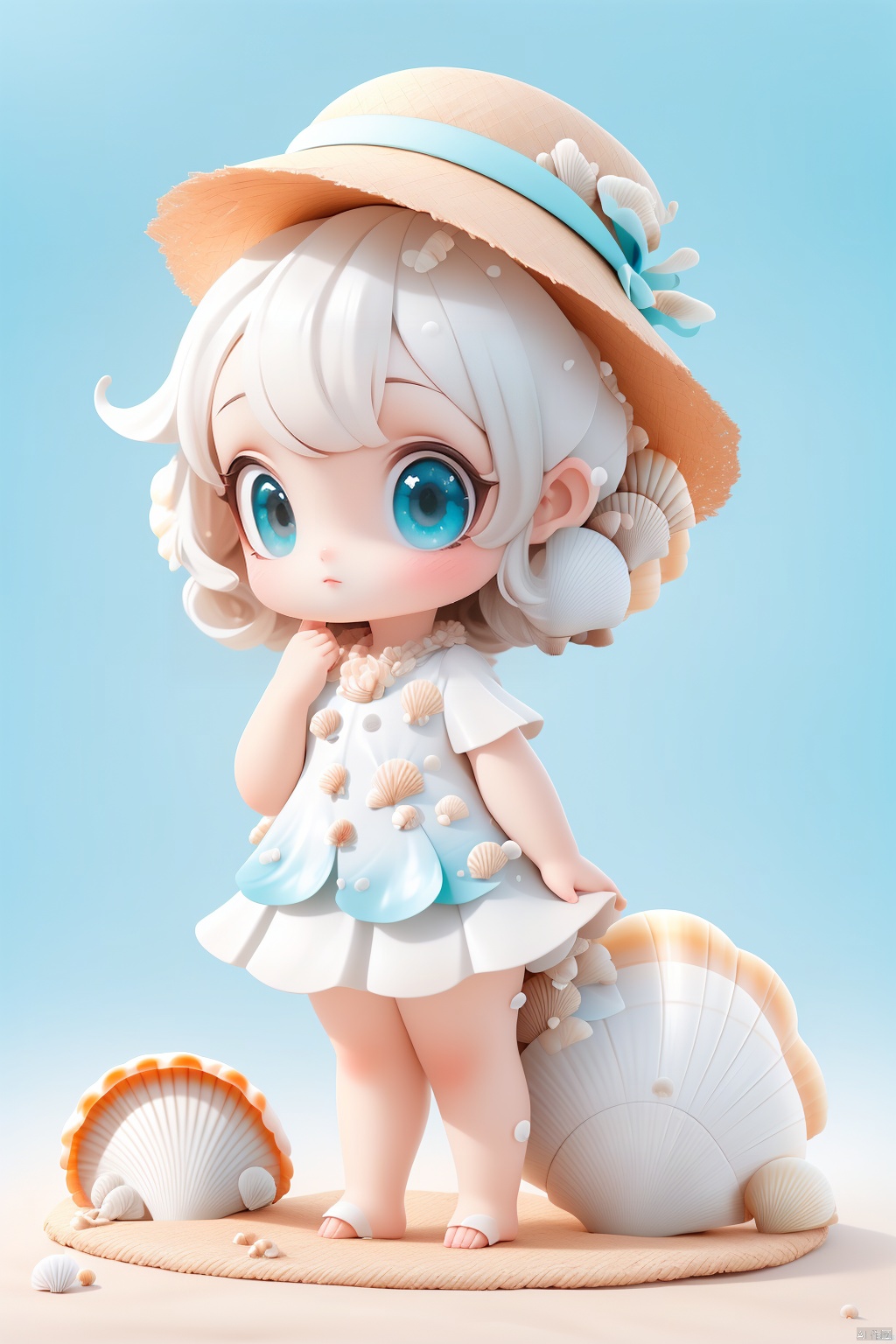  (masterpiece), (best quality), Exquisite visuals, high-definition, (ultra detailed), finely detail, ((solo)), (white Silver hair), (gradient Blue), (beautiful detailed eyes), Kawai, loveliness,standing, ((full body)),
a shell with short white hair, anthropomorphic shells, wearing a white shell outfit . (((Shell clothes：1.8, and hats))).
The environment is next to the beach, with coconut trees and many seashells on the beach
, bk-hd, kme-hd, ll-hd, ty-hd