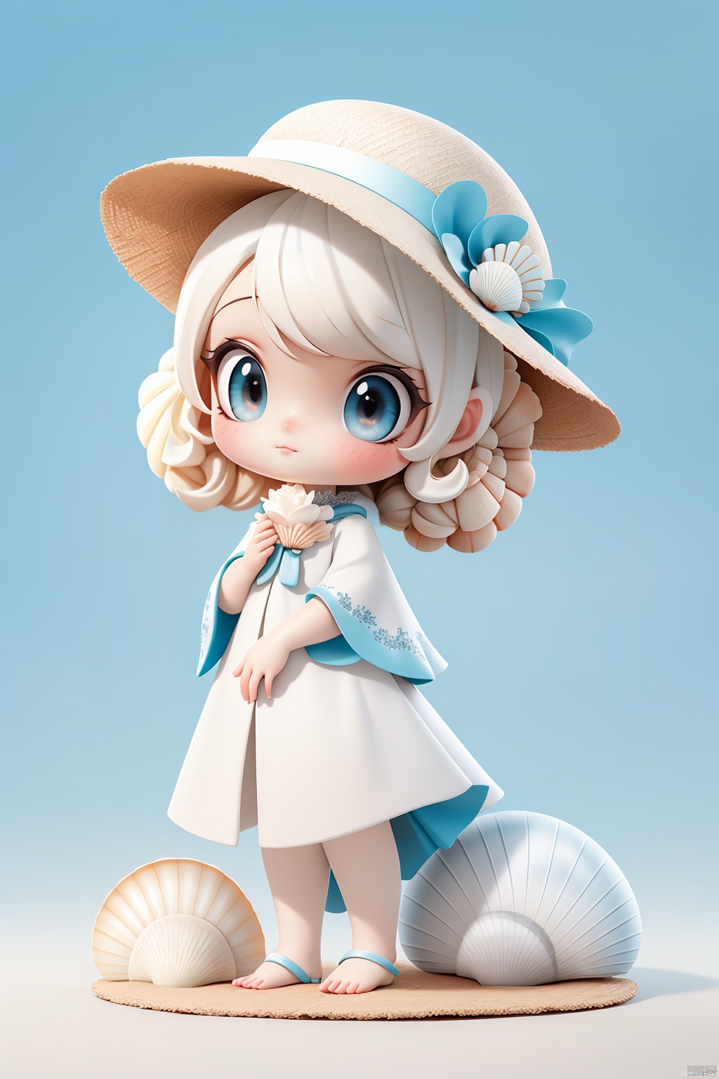  (masterpiece), (best quality), Exquisite visuals, high-definition, (ultra detailed), finely detail, ((solo)), (white Silver hair), (gradient Blue), (beautiful detailed eyes), Kawai, loveliness,standing, ((full body)),
a shell with short white hair, anthropomorphic shells, wearing a white shell outfit . (((Shell clothes：1.8, and hats))).
The environment is next to the beach, with coconut trees and many seashells on the beach
, bk-hd