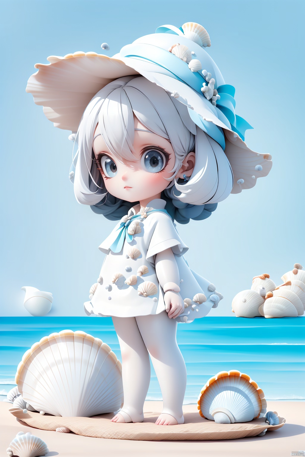  (masterpiece), (best quality), Exquisite visuals, high-definition, (ultra detailed), finely detail, ((solo)), (white Silver hair), (gradient Blue), (beautiful detailed eyes), Kawai, loveliness,standing, ((full body)),
a shell with short white hair, anthropomorphic shells, wearing a white shell outfit . (((Shell clothes：1.8, and hats))).
The environment is next to the beach, with coconut trees and many seashells on the beach
, bk-hd, pf-hd, ll-hd