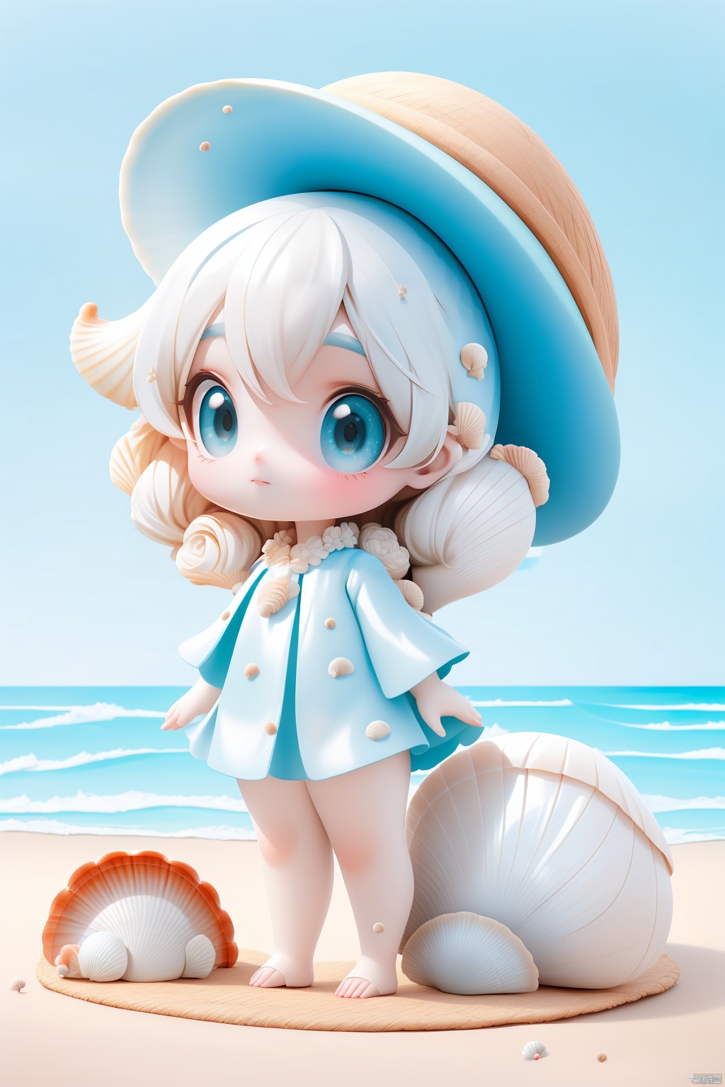  (masterpiece), (best quality), Exquisite visuals, high-definition, (ultra detailed), finely detail, ((solo)), (white Silver hair), (gradient Blue), (beautiful detailed eyes), Kawai, loveliness,standing, ((full body)),
a shell with short white hair, anthropomorphic shells, wearing a white shell outfit . (((Shell clothes：1.8, and hats))).
The environment is next to the beach, with coconut trees and many seashells on the beach
, bk-hd, kme-hd, ll-hd, ty-hd