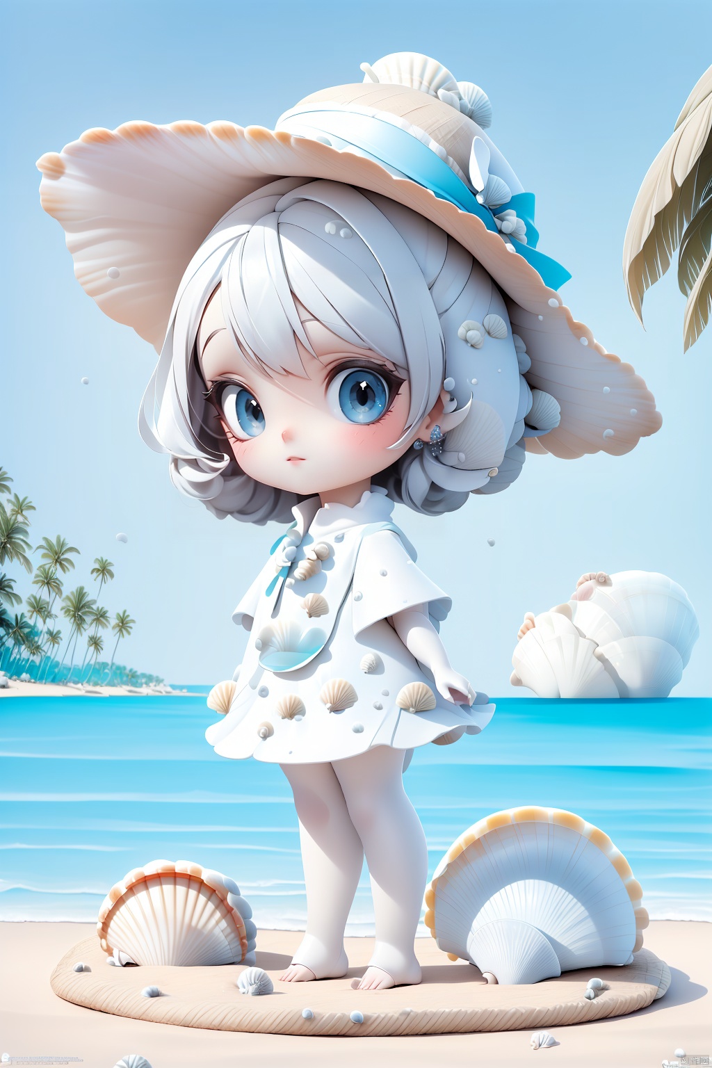  (masterpiece), (best quality), Exquisite visuals, high-definition, (ultra detailed), finely detail, ((solo)), (white Silver hair), (gradient Blue), (beautiful detailed eyes), Kawai, loveliness,standing, ((full body)),
a shell with short white hair, anthropomorphic shells, wearing a white shell outfit . (((Shell clothes：1.8, and hats))).
The environment is next to the beach, with coconut trees and many seashells on the beach
, bk-hd, pf-hd, ll-hd