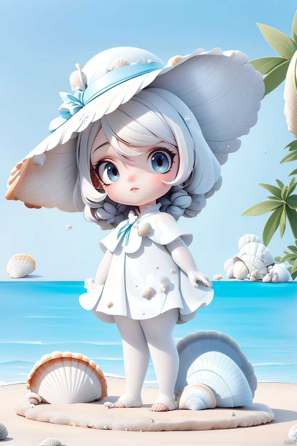  (masterpiece), (best quality), Exquisite visuals, high-definition, (ultra detailed), finely detail, ((solo)), (white Silver hair), (gradient Blue), (beautiful detailed eyes), Kawai, loveliness,standing, ((full body)),
a shell with short white hair, anthropomorphic shells, wearing a white shell outfit . (((Shell clothes：1.8, and hats))).
The environment is next to the beach, with coconut trees and many seashells on the beach
, bk-hd, pf-hd, ll-hd