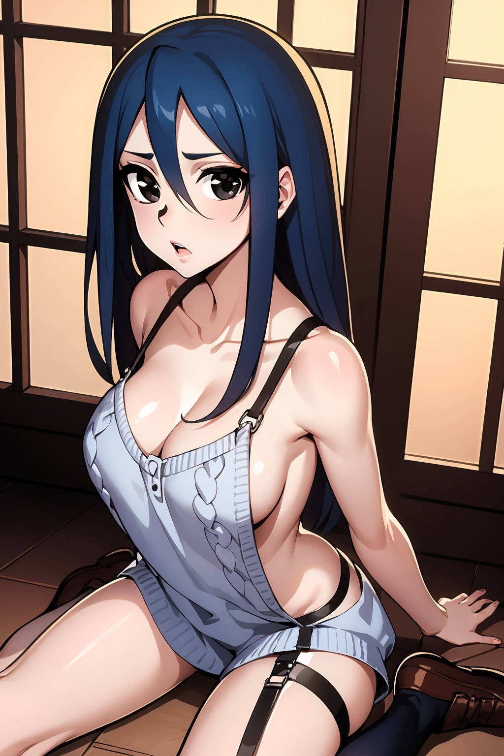 HDR,UHD,best quality,Highly detailed,masterpiece,Professional,<lora:cangyue(meinahentai_v4):0.9>,cangyue,1girl,solo,long hair,breasts,black eyes,blue hair,medium breasts,cleavage,hair between eyes,looking at viewer,collarbone,backless_sweater,garter_straps,black_loafers,wariza,