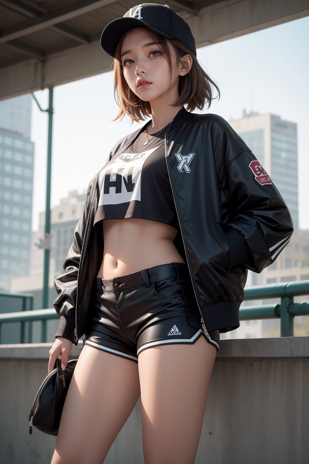 1girl,  baseball jacket and cap,  crop top on Tensor.Art