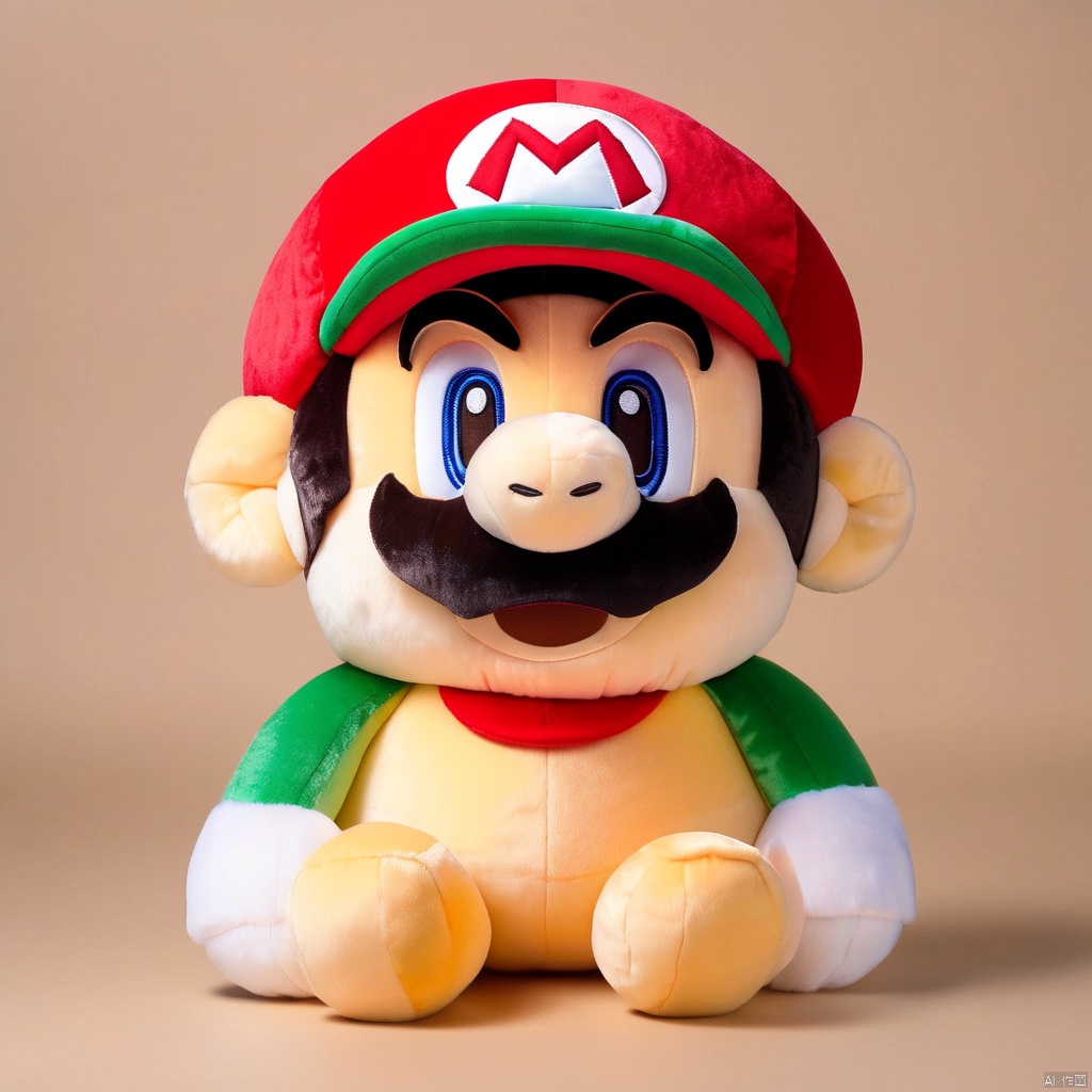  stuffed-toy, 1boy, solo, male focus, mario, mustache, facial hair, black hair, star \(symbol\), hat, red headwear, open mouth, black eyes, smile, white background, parody, simple background