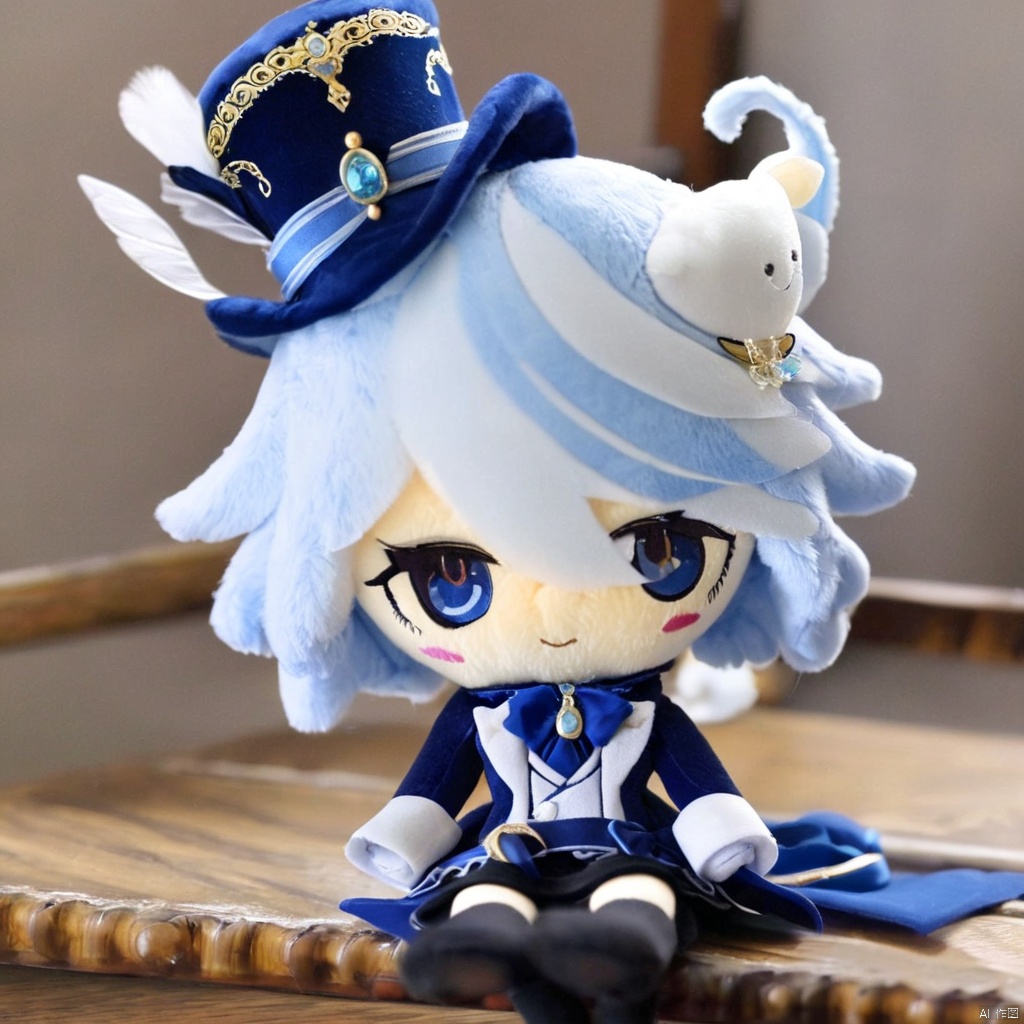  stuffed-toy, furina,1girl,solo, blue headwear, looking at viewer, sitting, long sleeves, blue jacket, tearing up, white gloves, top hat, ascot, short hair, white shirt, flying sweatdrops, brooch, black gloves,