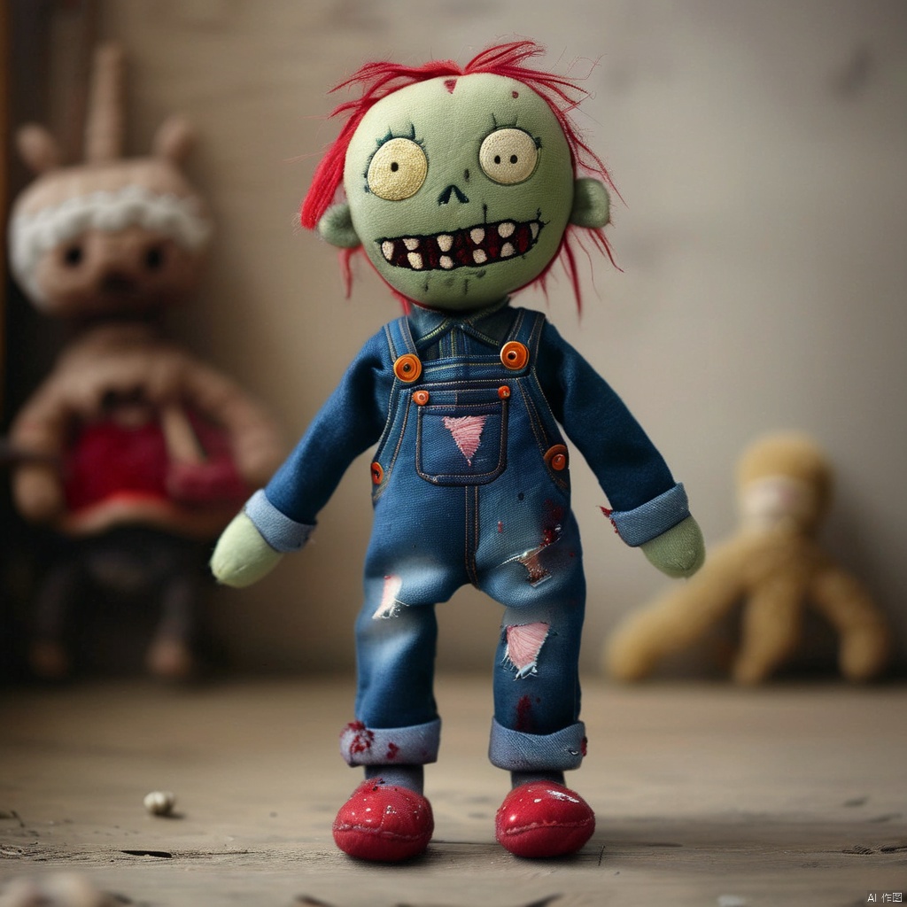 stuffed-toy, overalls, stitches, blurry background, horror \(theme\), blurry, solo, zombie, teeth, no humans, full body, standing, blood