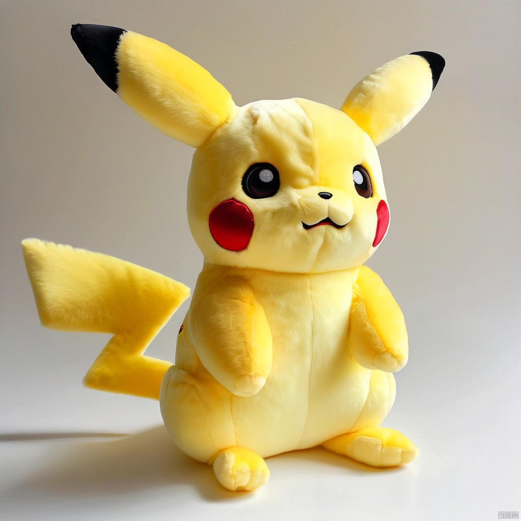 stuffed-toy, pikachu, no humans, pokemon \(creature\), solo, white background, simple background, :3, sitting, full body, looking at viewer, realistic, black eyes, yellow theme