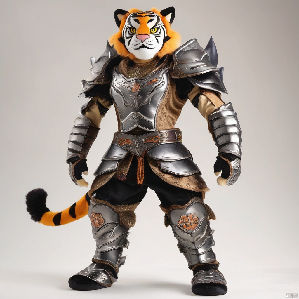 stuffed-toy, solo,1boy,male focus,armor,shoulder armor,tail,furry,white background,full body,animal ears,signature,looking at viewer,furry male,pauldrons,japanese armor,simple background,barefoot,pants,facial hair,fangs,tiger,tiger tail,tiger ears,open mouth,teeth,year of the tiger,muscular
