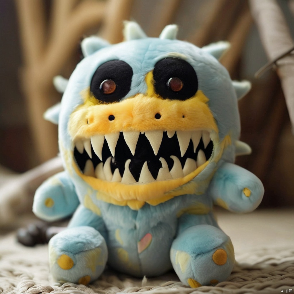 stuffed-toy, no humans, teeth, horror \(theme\), sharp teeth, solo, blurry, open mouth, stitches, yellow eyes, monster, full body, blurry background, looking at viewer