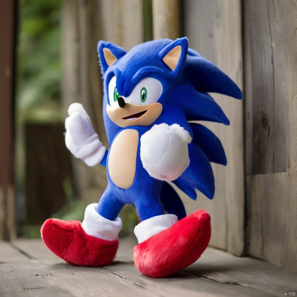  stuffed-toy, sonic the hedgehog, 1boy, gloves, male focus, solo, white gloves, blue eyes, smile, furry male, shoes, animal nose, furry, red footwear, tail, full body, closed mouth