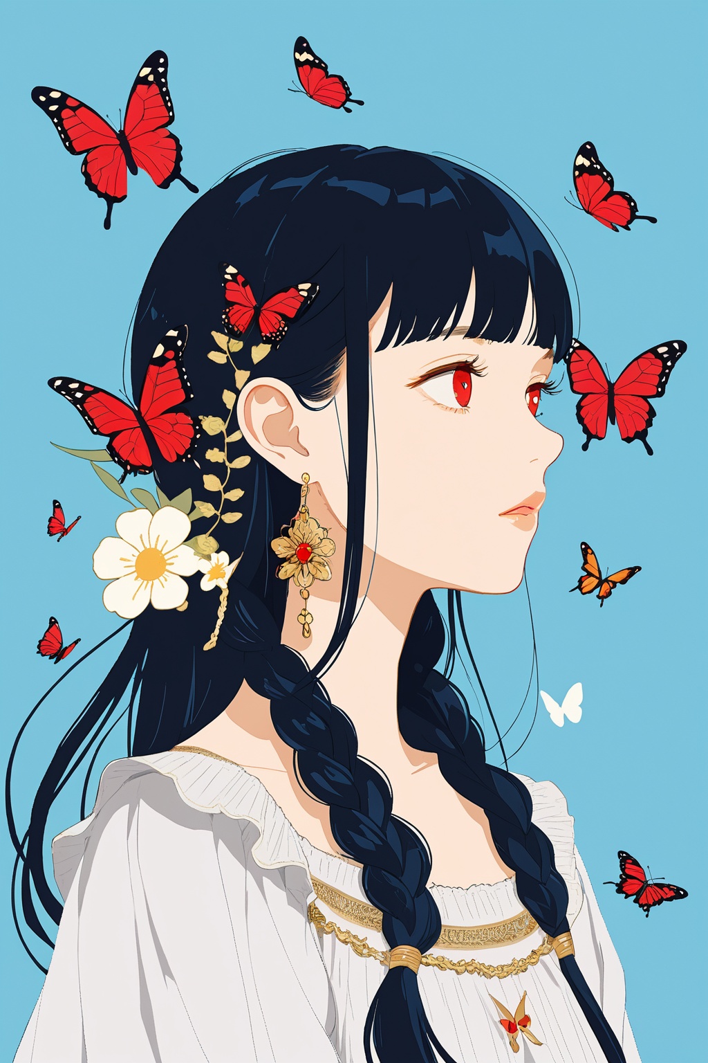 1girl, cartoon,, black hair, blue background, blunt bangs, braid, bug, butterfly, earrings, flower, jewelry, long hair, looking away, red eyes, solo, upper body