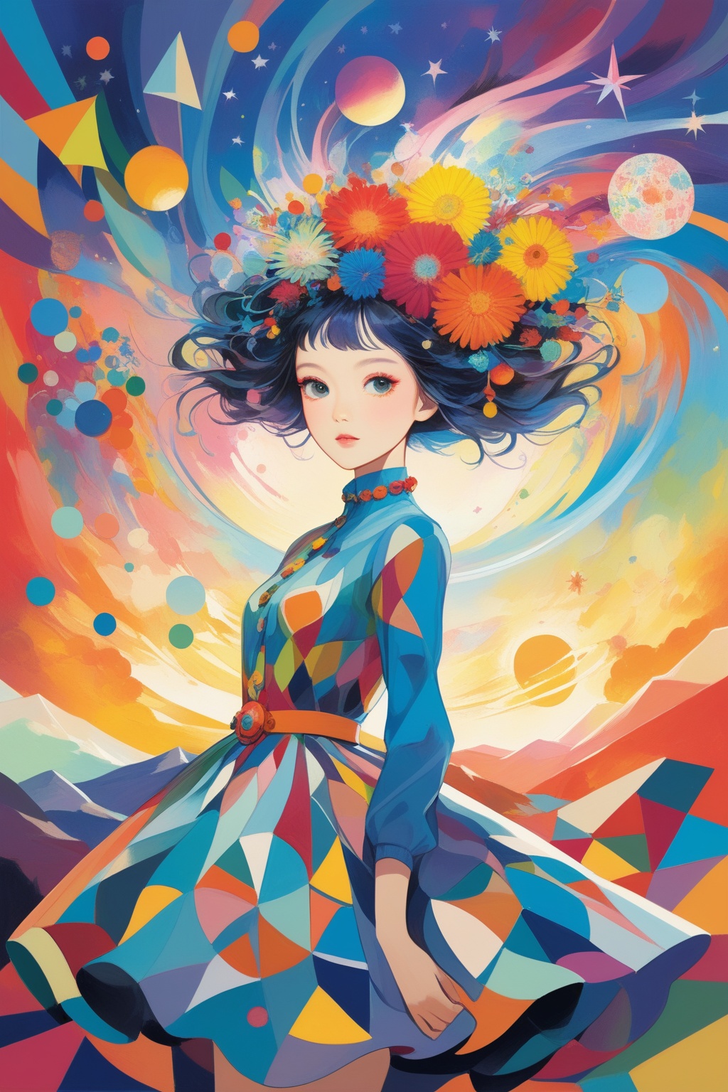 In a vibrant display of pop art, we encounter an avant-garde girl bursting with color and creativity. Her presence is an explosion of vivid hues, as if she's stepped out of a psychedelic dreamscape. With bold strokes and abstract patterns, she embodies the essence of avant-garde expressionism. Adorned in a kaleidoscope of colors, her attire is a playful mix of retro and modern styles, each piece a statement of individuality. Against a backdrop of swirling patterns and geometric shapes, she radiates confidence and originality, challenging conventional notions of beauty and fashion. This colorful enigma invites us into her world, where the boundaries of art and reality blur into a mesmerizing spectacle of imagination.